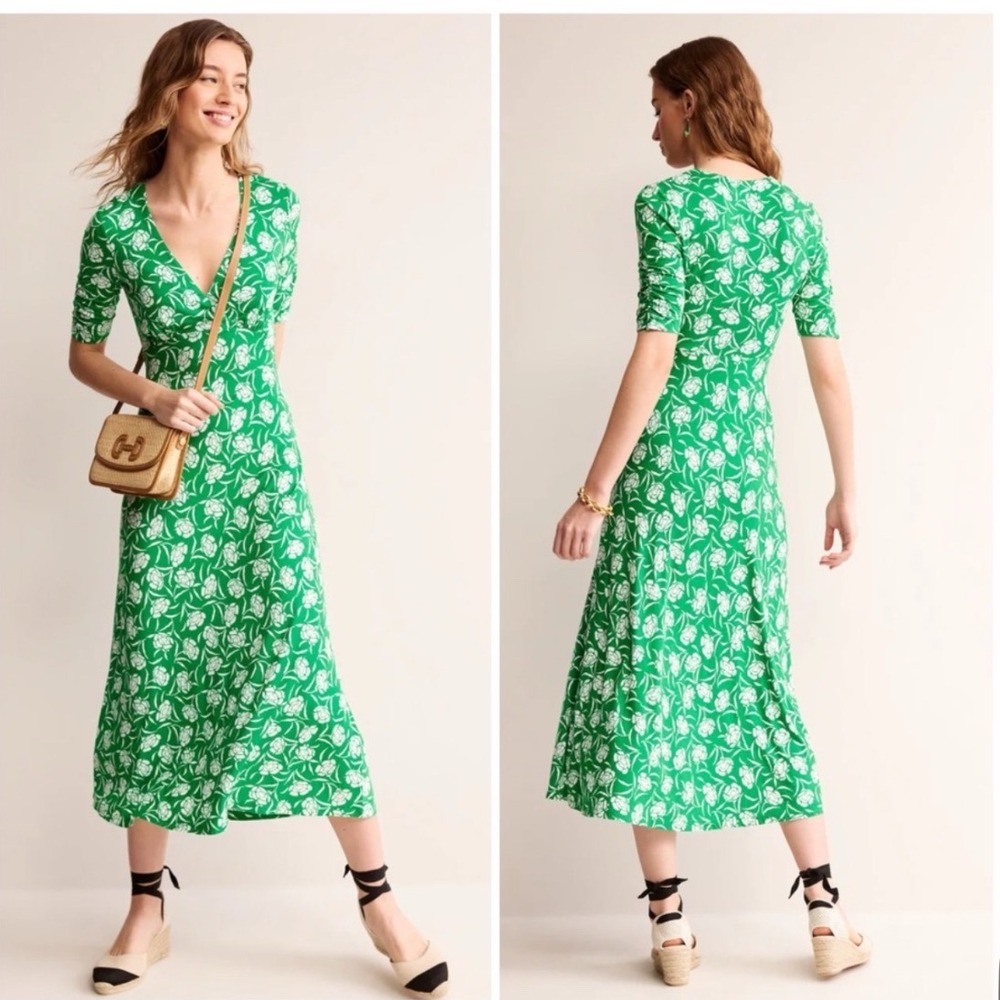 BODEN  Rebecca Jersey Midi Tea Dress Size 6P In Green Tambourine‎ Peony